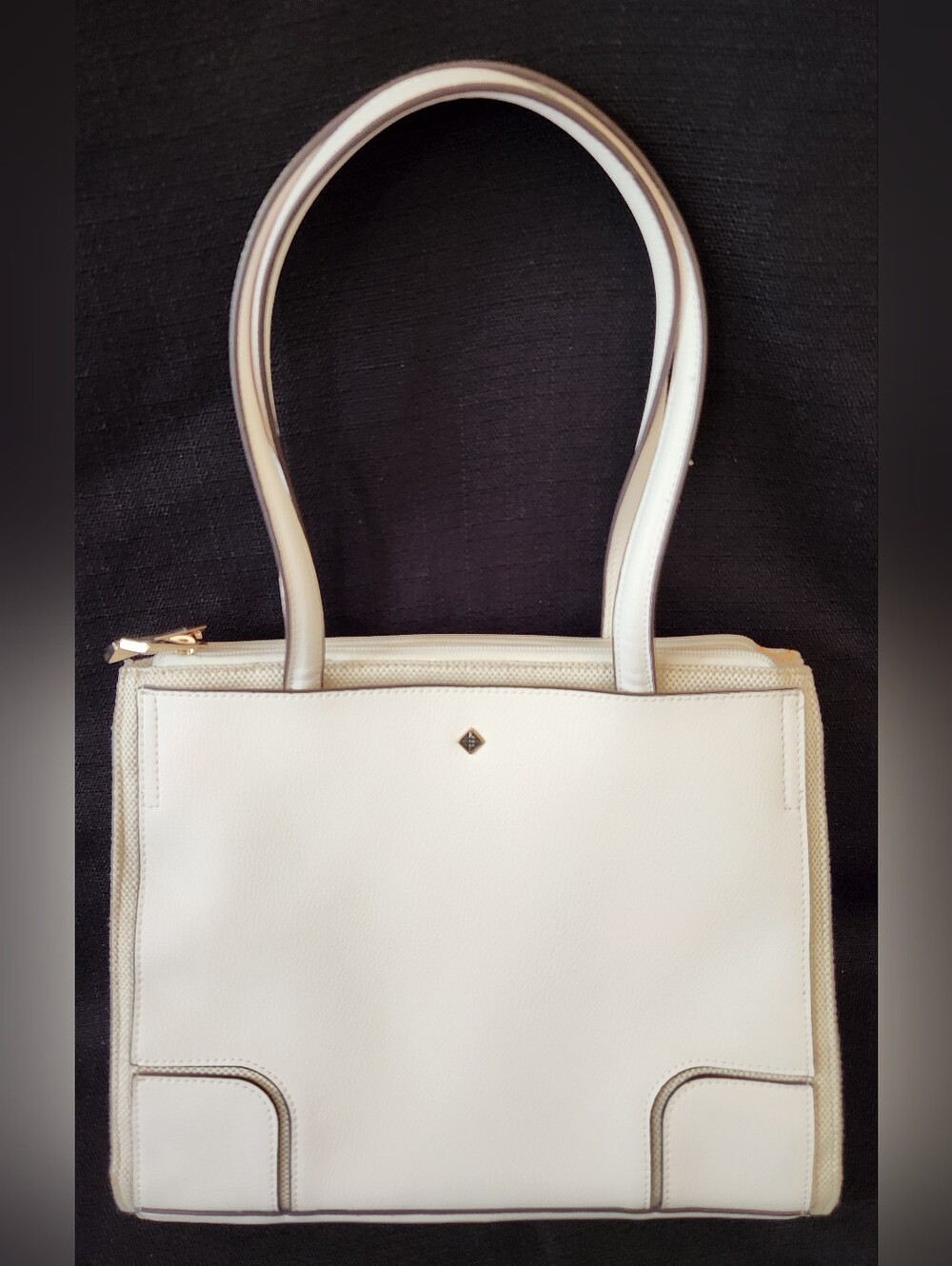 Antonio Melani White Leather Canvas Tote Bag Shoulder Purse Multi Pocket